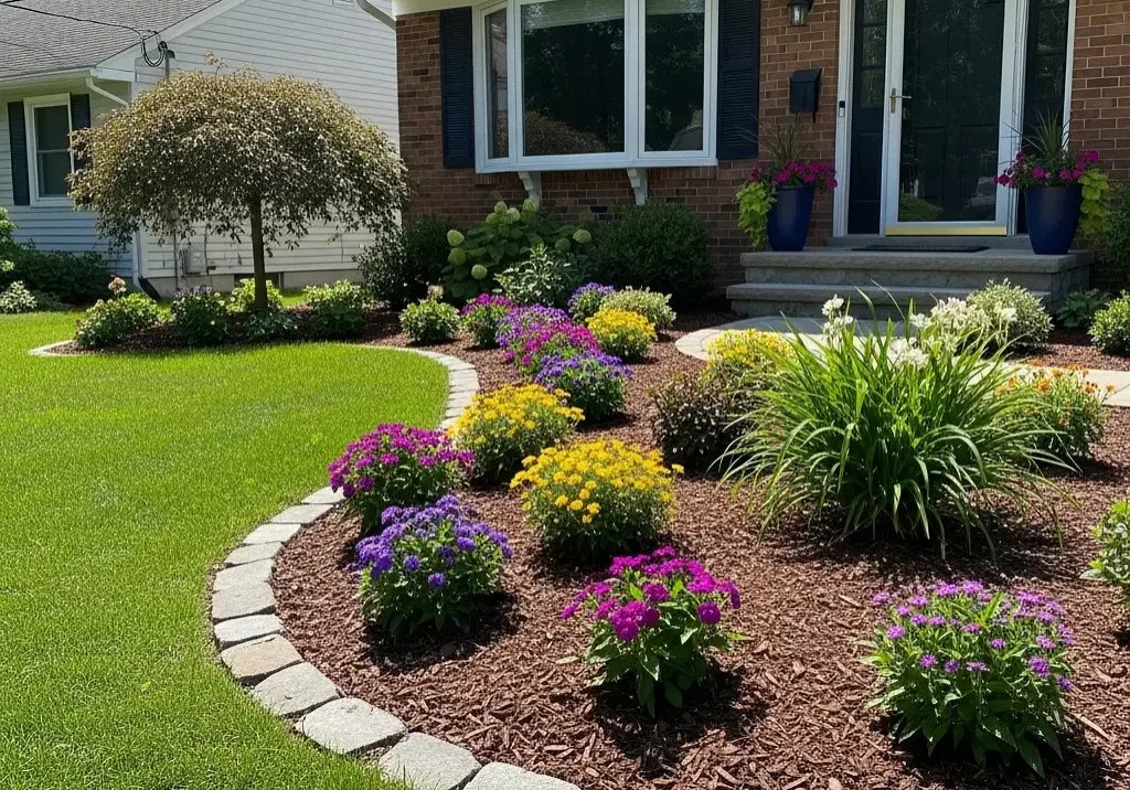 A beautifully landscaped garden bed in a Denver-area home, featuring dark brown wood mulch around healthy, vibrant perennials and shrubs.